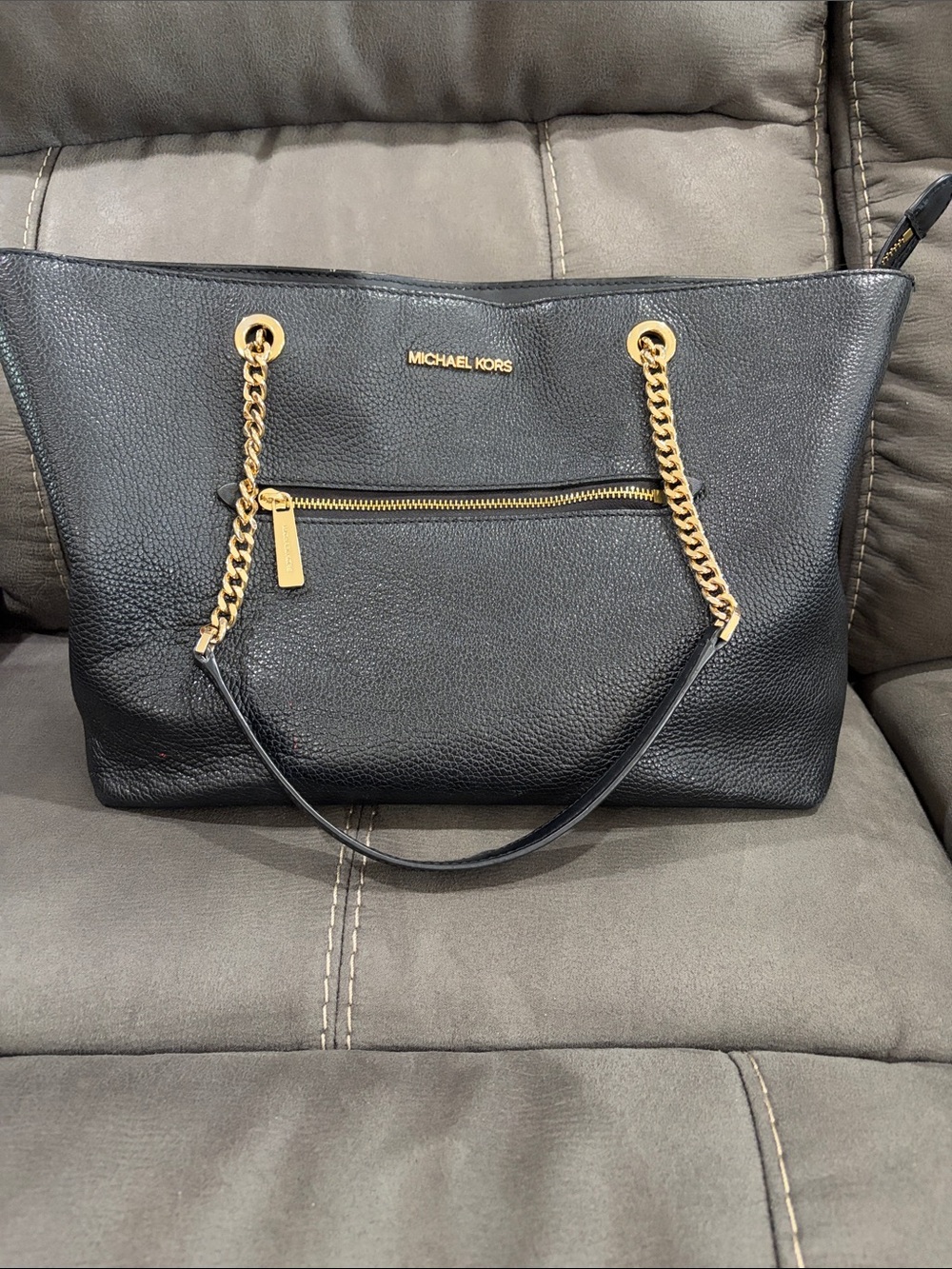 Michael Kors Black Pebbled Leather Tote with Gold Chain Straps